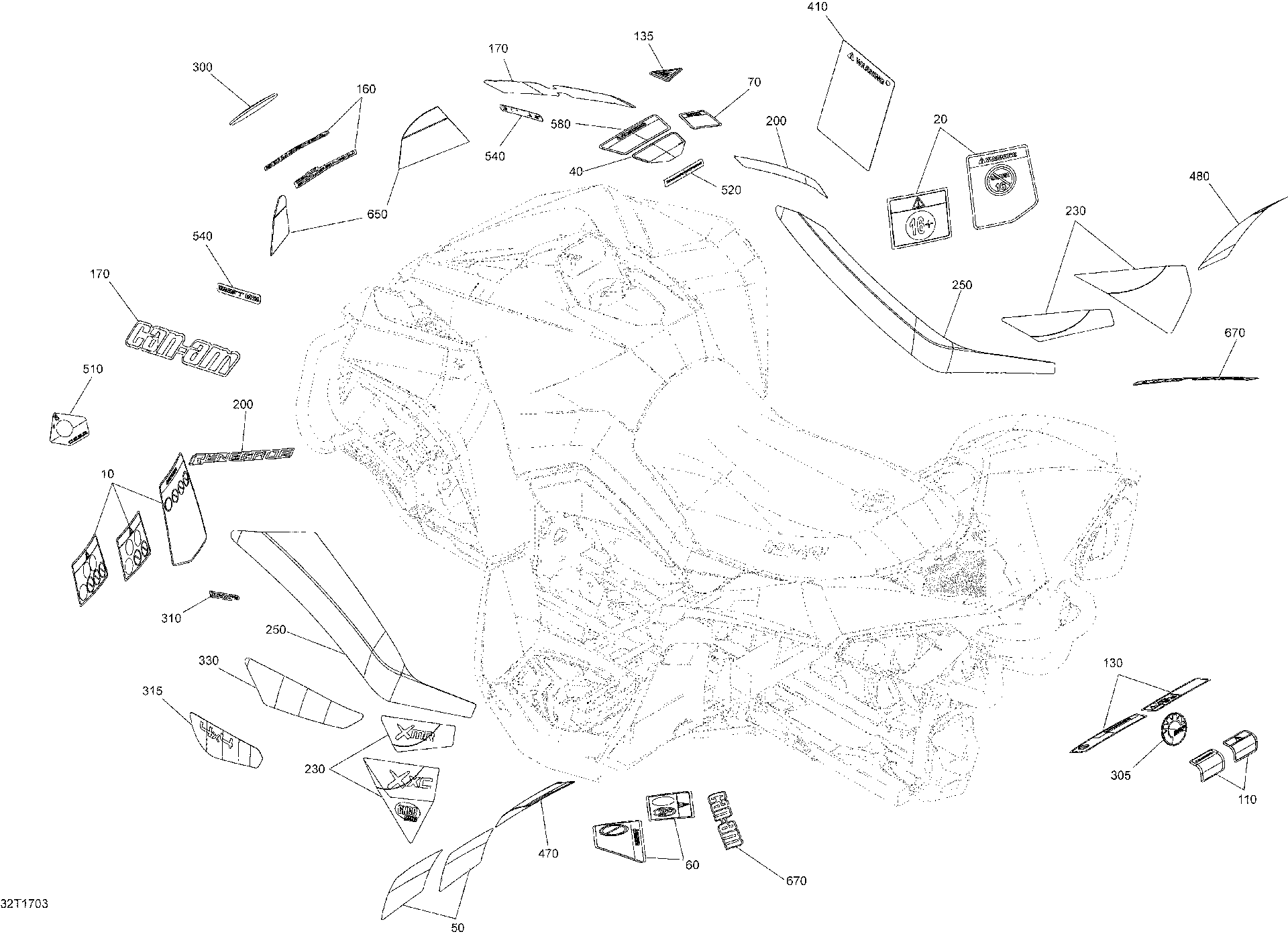 An Image of a Genuine Can-Am Parts Schematic Diagram showing the schematic - DECALS - ALL MODELS