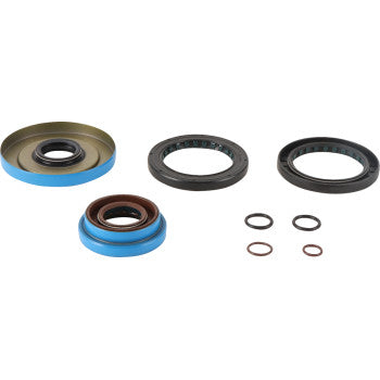The Polaris Transaxle Seal Kit by Moose Offroad includes automotive oil seals and O-rings in assorted sizes and colors—black, blue, and brown—displayed on a white background. Perfect for oil leak repair and maintenance.