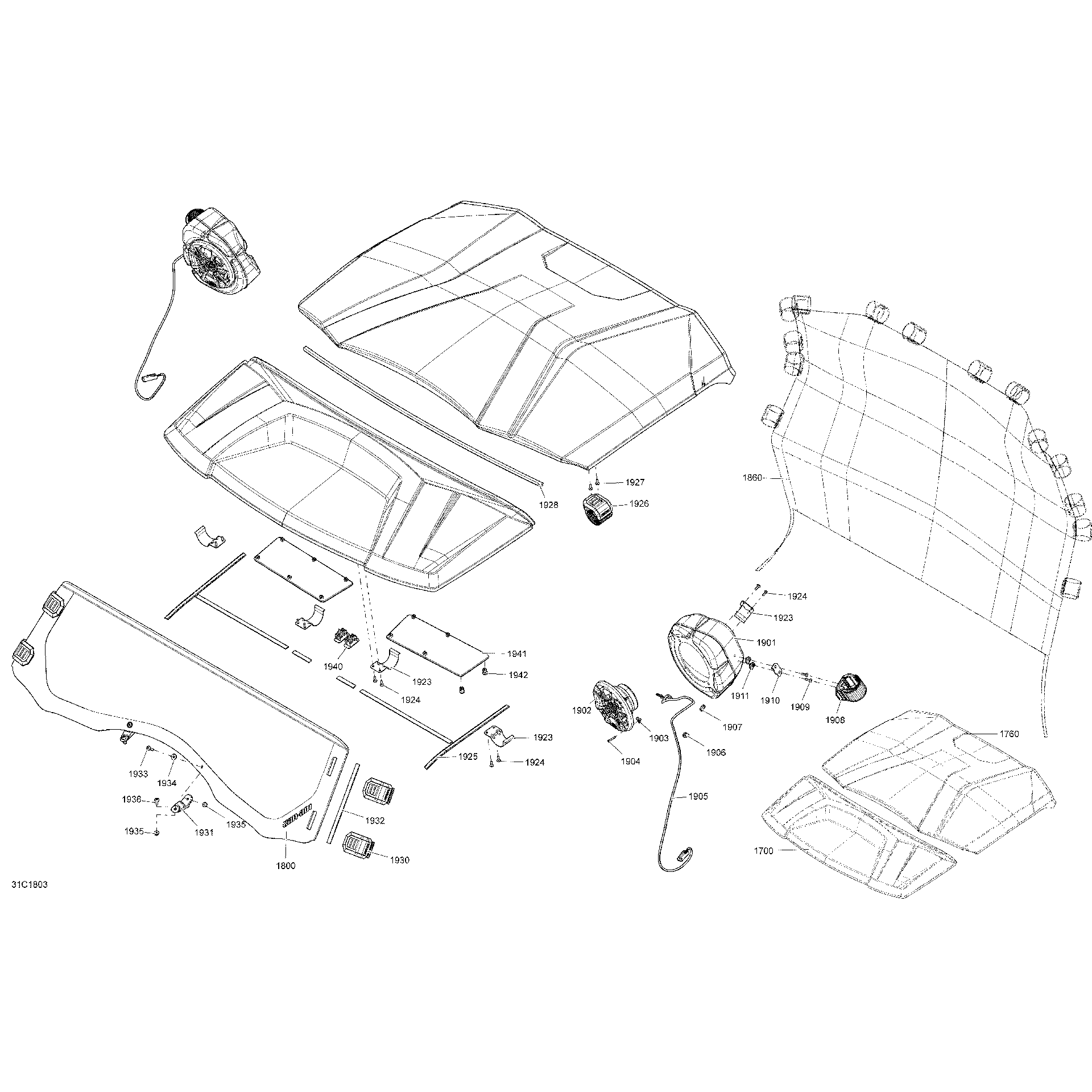 An Image of a Genuine Can-Am Parts Schematic Diagram showing the schematic - BODY AND ACCESSORIES COMMANDER NON MAX - PACKAGE LTD