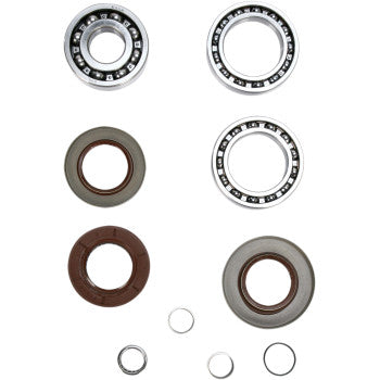 The Polaris Differential Bearing Seal Kit Rear by Moose Offroad is shown arranged in rows on a white background, displaying quality bearings, rubber seals, and washers in various sizes and types for mechanical use.