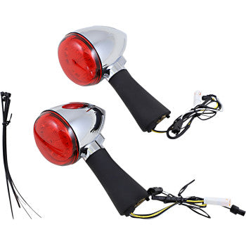 A pair of Custom Dynamics Rear LED Turn Signal Ringz in chrome with red lenses, wires, connectors, and black zip ties—ideal for upgrading your Indian Scout—displayed on a white background.