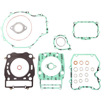 The Polaris Complete Gasket Kit by Athena includes green, black, and silver gaskets in circular, rectangular, and irregular shapes—featuring head gaskets—arranged on a white background for dependable high-temperature sealing.