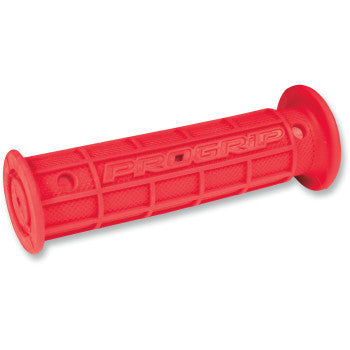 Grips 726 Red by Pro Grip: red rubber motorcycle/bicycle handlebar grips with textured full waffle design for better vibration absorption; PROGRIP embossed on the side.