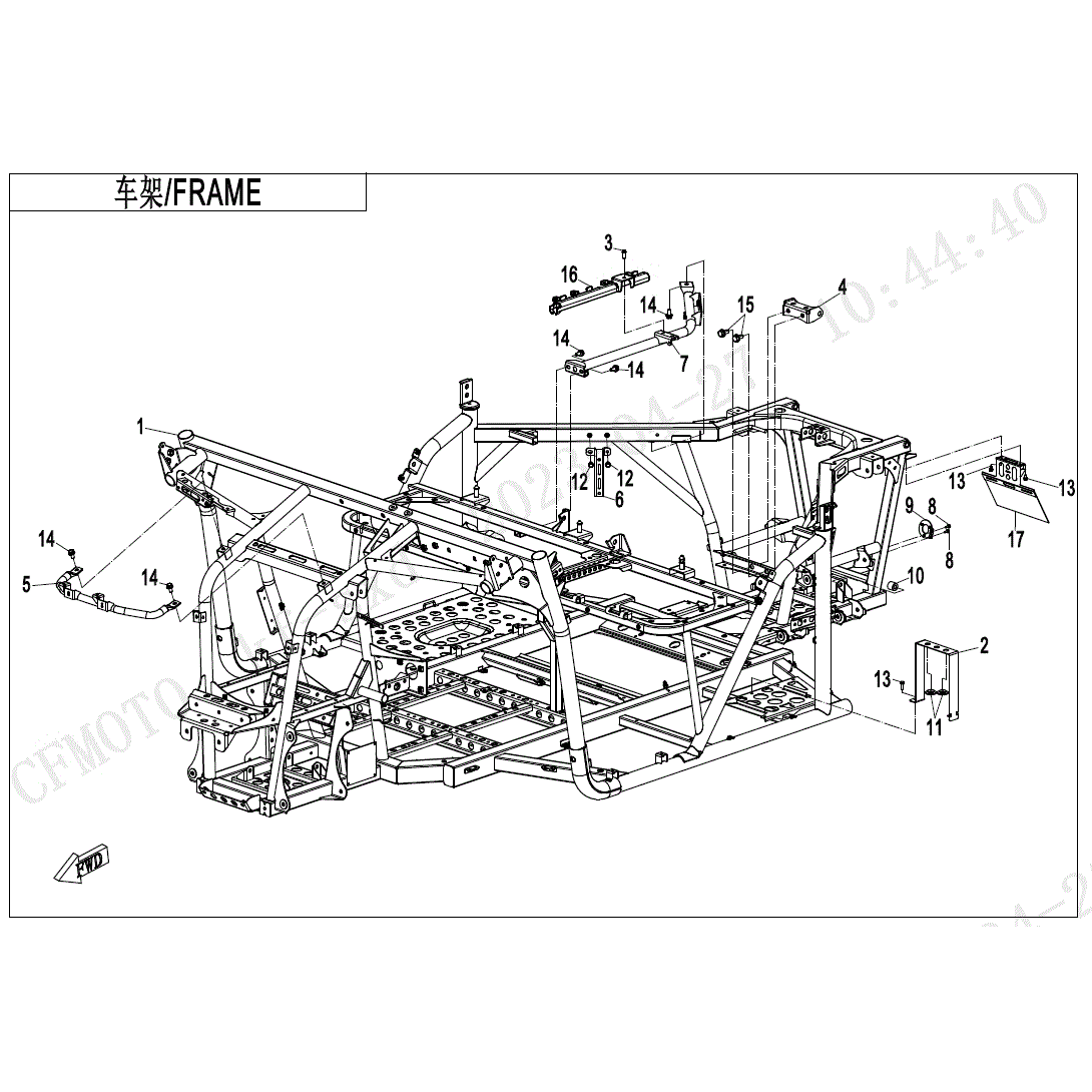 An Image of a Genuine CFMOTO Parts Schematic Diagram showing the schematic - FRAME - 2024 CFMOTO UFORCE 600