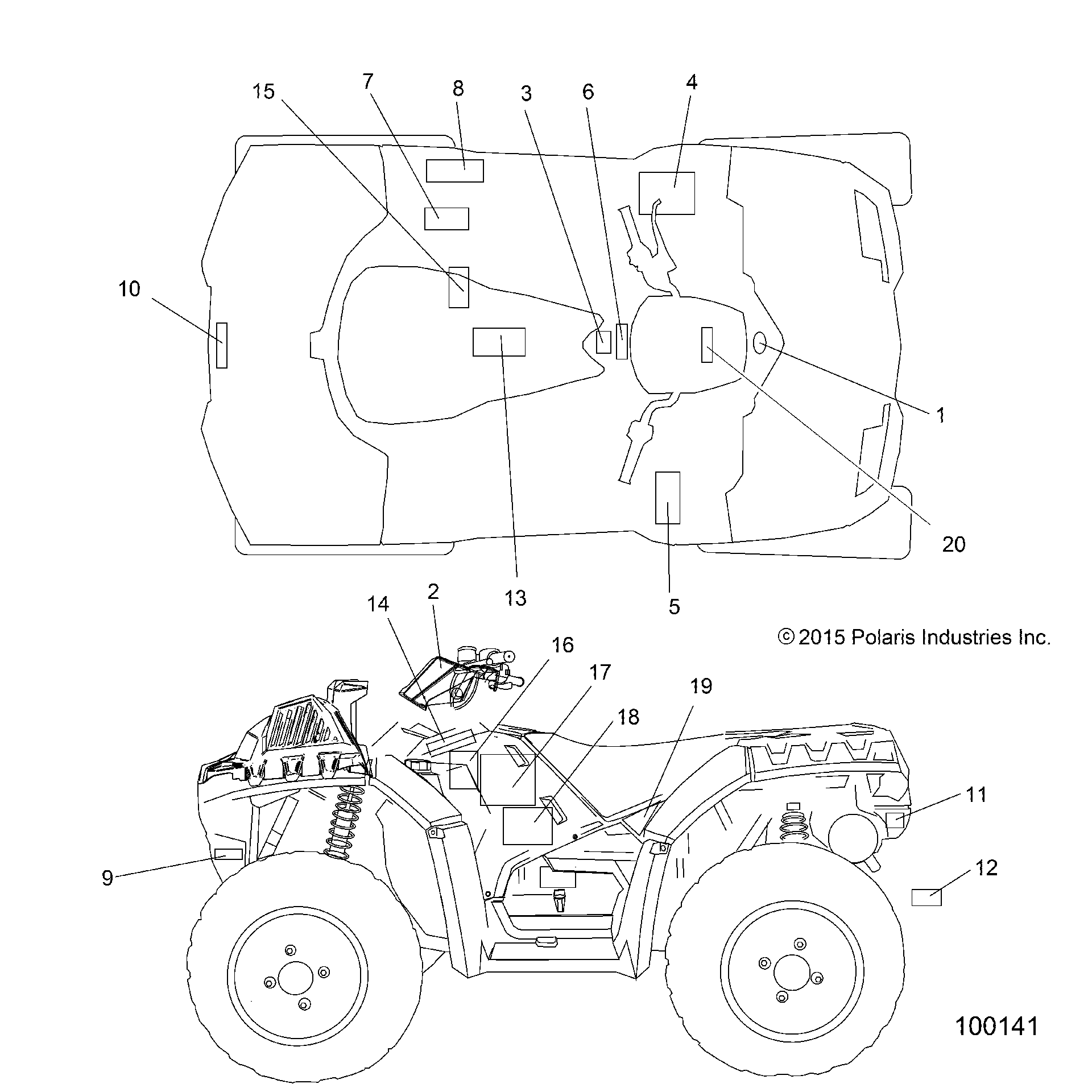 An Image of a Genuine Polaris Parts Schematic Diagram showing the schematic - BODY: DECALS - 2016 POLARIS SPORTSMAN 1000 HIGH LIFTER