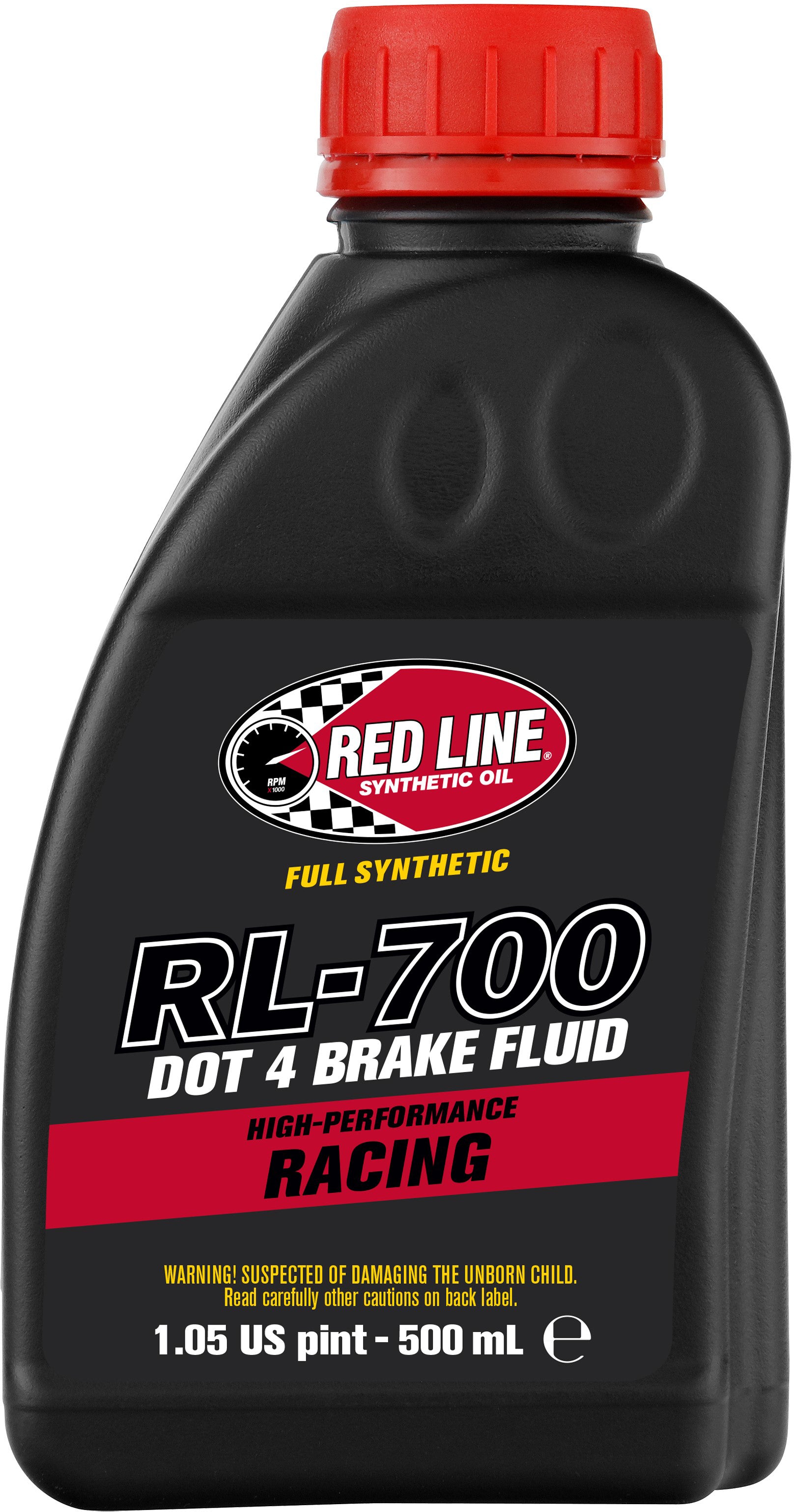 A black 500 mL bottle of Red Line RL-700 DOT 4 Syn Brake Fluid with a red cap, designed for high-performance and high-temperature applications. Safety warning is visible at the bottom.