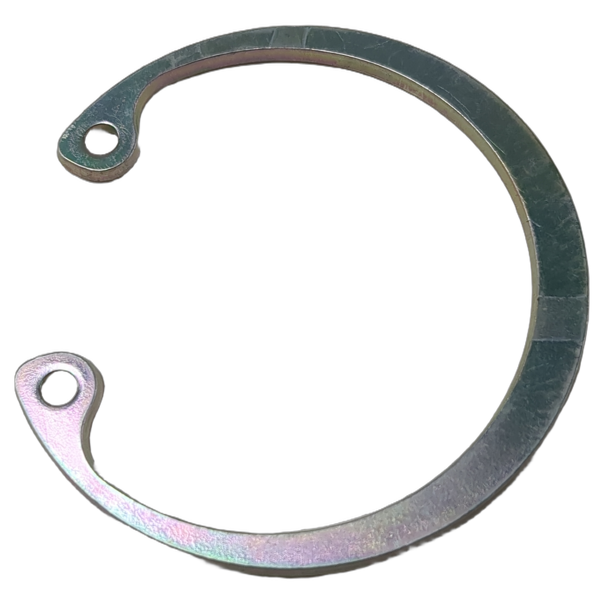 Silver metal circlip with a small hole on each end, circular shape with a slight gap.