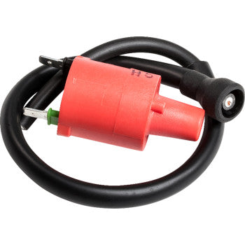 The Honda Ignition Coil by Moose Offroad features a black wire with a red insulated connector and round metal terminal, designed to boost spark energy for faster starts, coiled neatly on a white background.