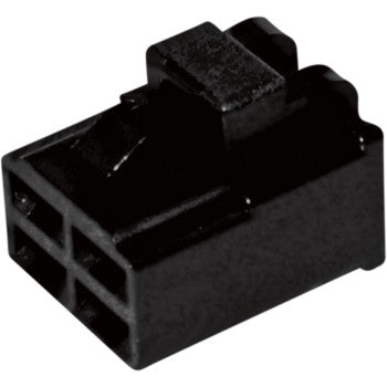 The 250 Series Locking Connector 4 Position Female by Namz is a black rectangular plastic connector featuring four square holes and a top latch clip, ideal for custom applications. Pack of 5.