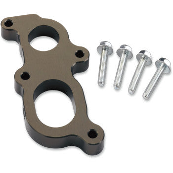 The Yamaha Carburetor Spacer by Moose Offroad is a black metal mounting bracket with two circular openings, shown with four silver screws on a white background, designed to optimize air/fuel flow.