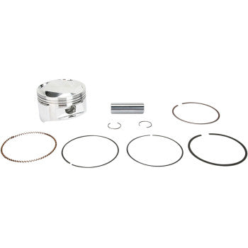 Polished silver aluminum piston with accompanying rings, wrist pin, and circlips arranged on white background.