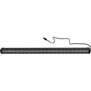 A 32" Moose Offroad Amber LED Light Bar, black and waterproof, with multiple small LEDs in a row and a power cord attached, isolated on a white background.