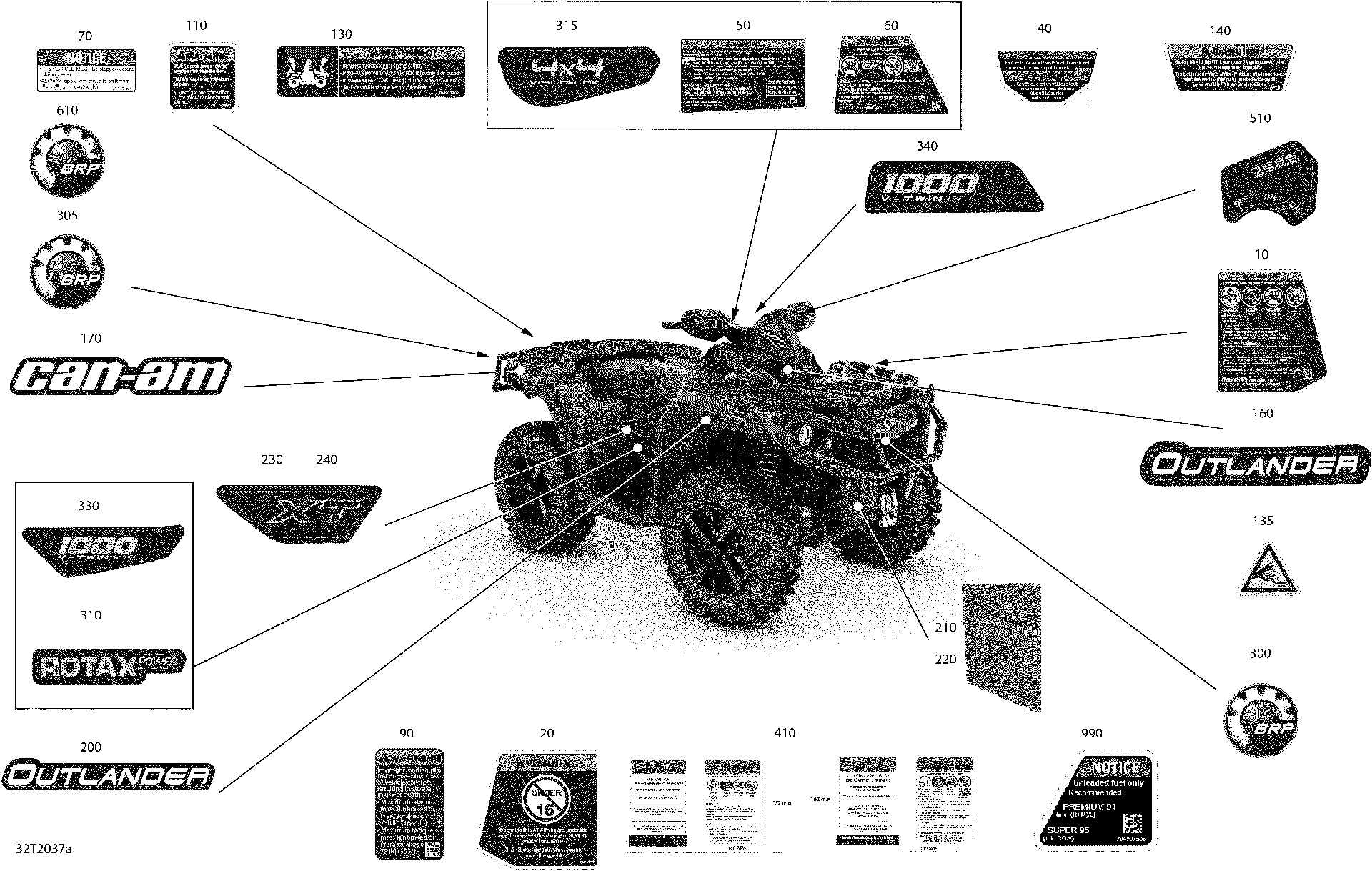 An Image of a Genuine Can-Am Parts Schematic Diagram showing the schematic - DECALS - XT