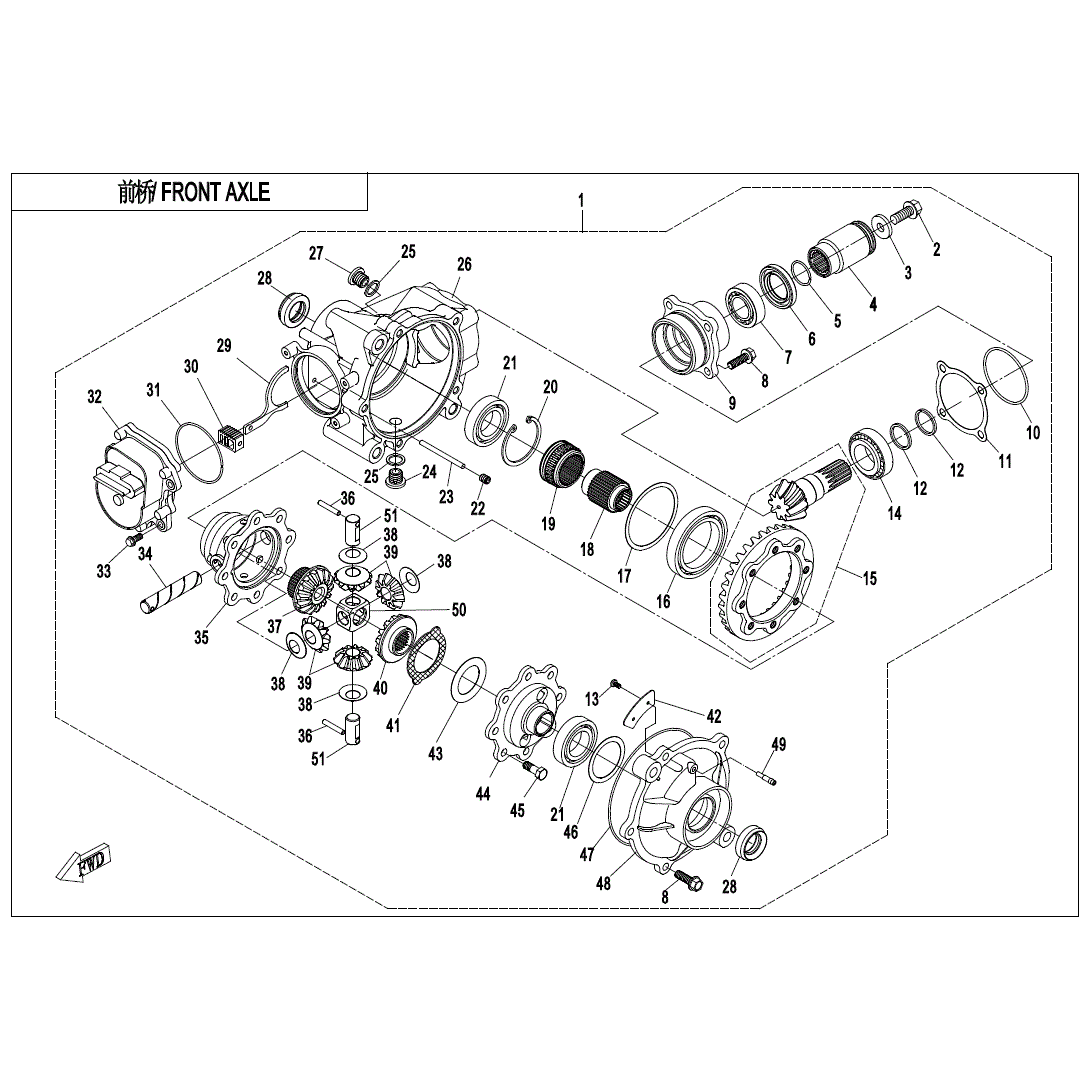 An Image of a genuine CFMOTO Parts Schematic Diagram showing the group - FRONT AXLE - 2021 CFMOTO CFORCE 800 XC