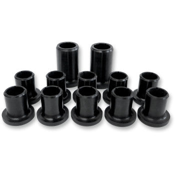 Eleven black cylindrical bushings, some flanged, are arranged in two rows on a white background—ideal as OEM-quality replacements with the Epi Rear Swingarm Bushing Kit.
