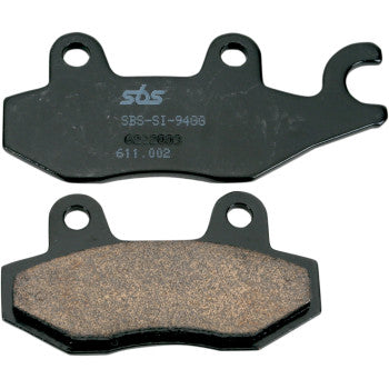 Pair of black off-road sintered brake pads with metal backing and friction surface, one side curved.