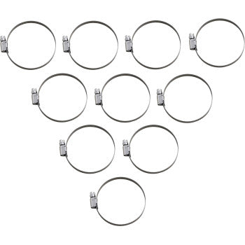 Ten Parts Unlimited Embossed Hose Clamps (50-70 mm), featuring corrosion resistance and low profile heads, are arranged in an upside-down triangle pattern on a white background.