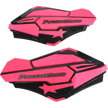 Pink and black angular handguards with Powermadd logo and star design for offroad vehicles.