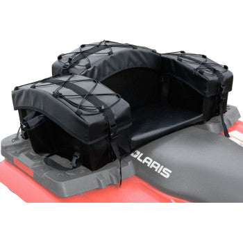 The Arch Series™ Bag Rear Black by Atv-Tek, made of reinforced polyester with zippered compartments and bungee cords, is mounted on the rear rack of a red Polaris ATV.