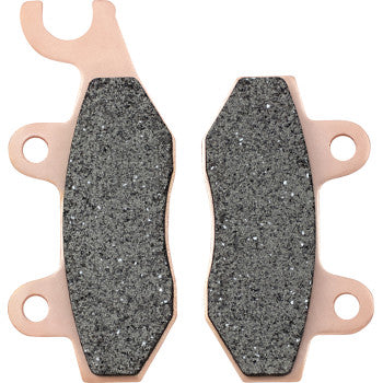 Pair of sintered brake pads with copper-colored metal backing and textured dark gray friction surface.
