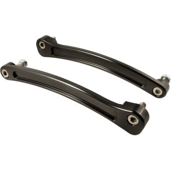 The Indian Fender Side Rails - Black by Joker Machine are two black metal brackets with a slight curve, bolts, and circular holes at both ends—perfect as side rails for your Indian Scout.