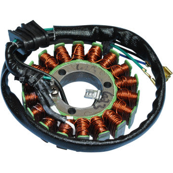 Copper coil stator with black insulated wiring harness and circular metal core for Honda ATV engine.