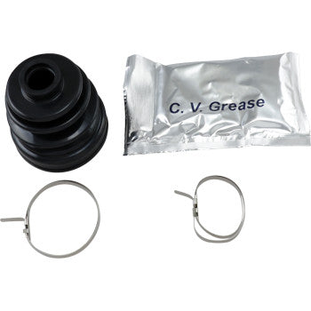 The CV Boot Kit Front & Rear Inner Outer by All Balls includes a black rubber boot, a silver C.V. Grease packet, and two stainless steel clamps—perfect for maintaining UTV or ATV CV joints.