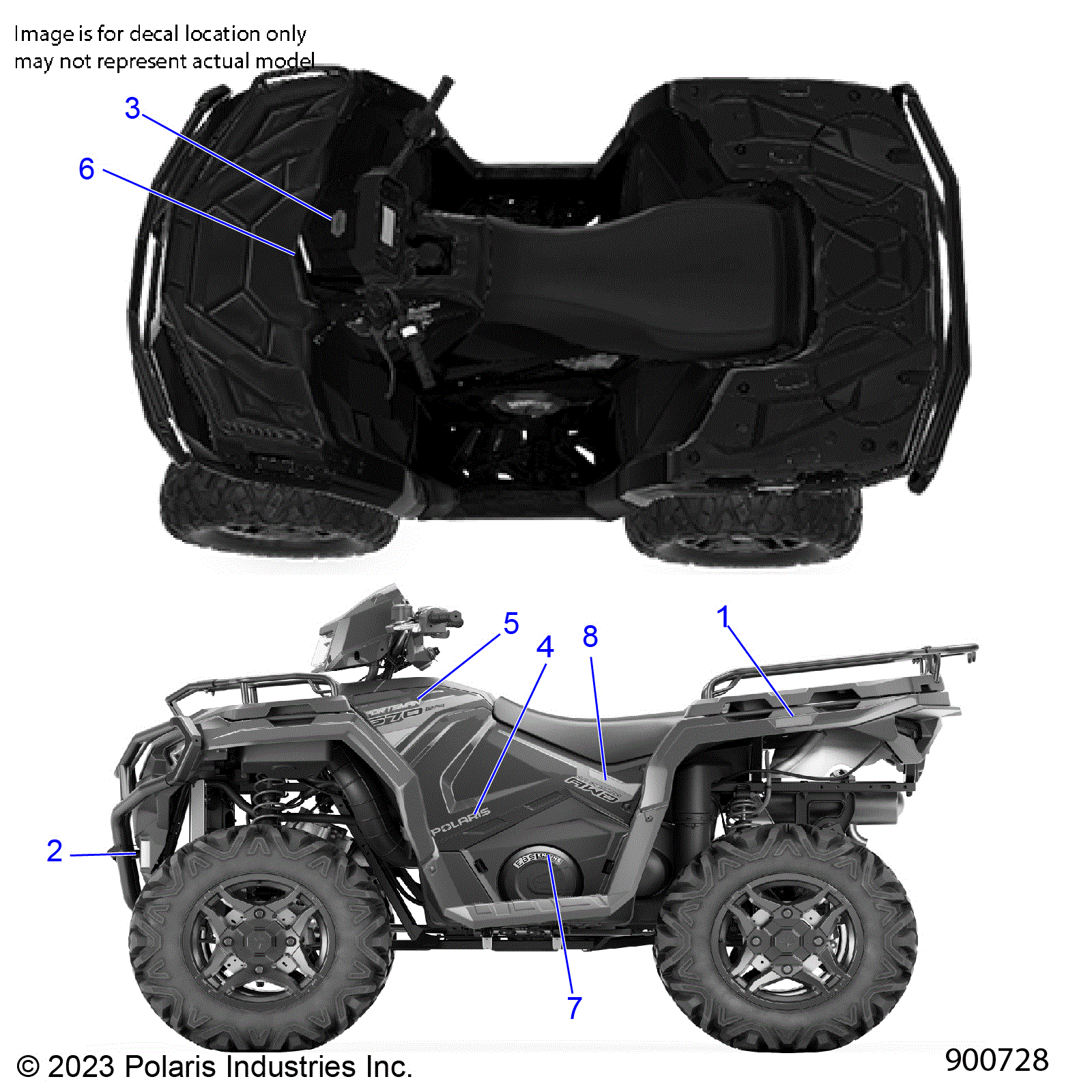 An Image of a Genuine Polaris Parts Schematic Diagram showing the schematic - BODY: DECALS GRAPHIC - 2024 POLARIS SPORTSMAN 570 EPS EBS RC LE