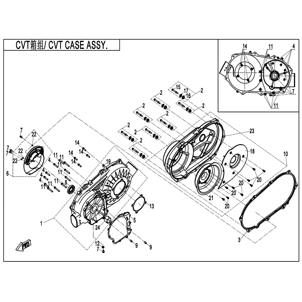 An Image of a genuine CFMOTO Parts Schematic Diagram showing the group - CVT CASE ASSY. - 2022 CFMOTO CFORCE 400