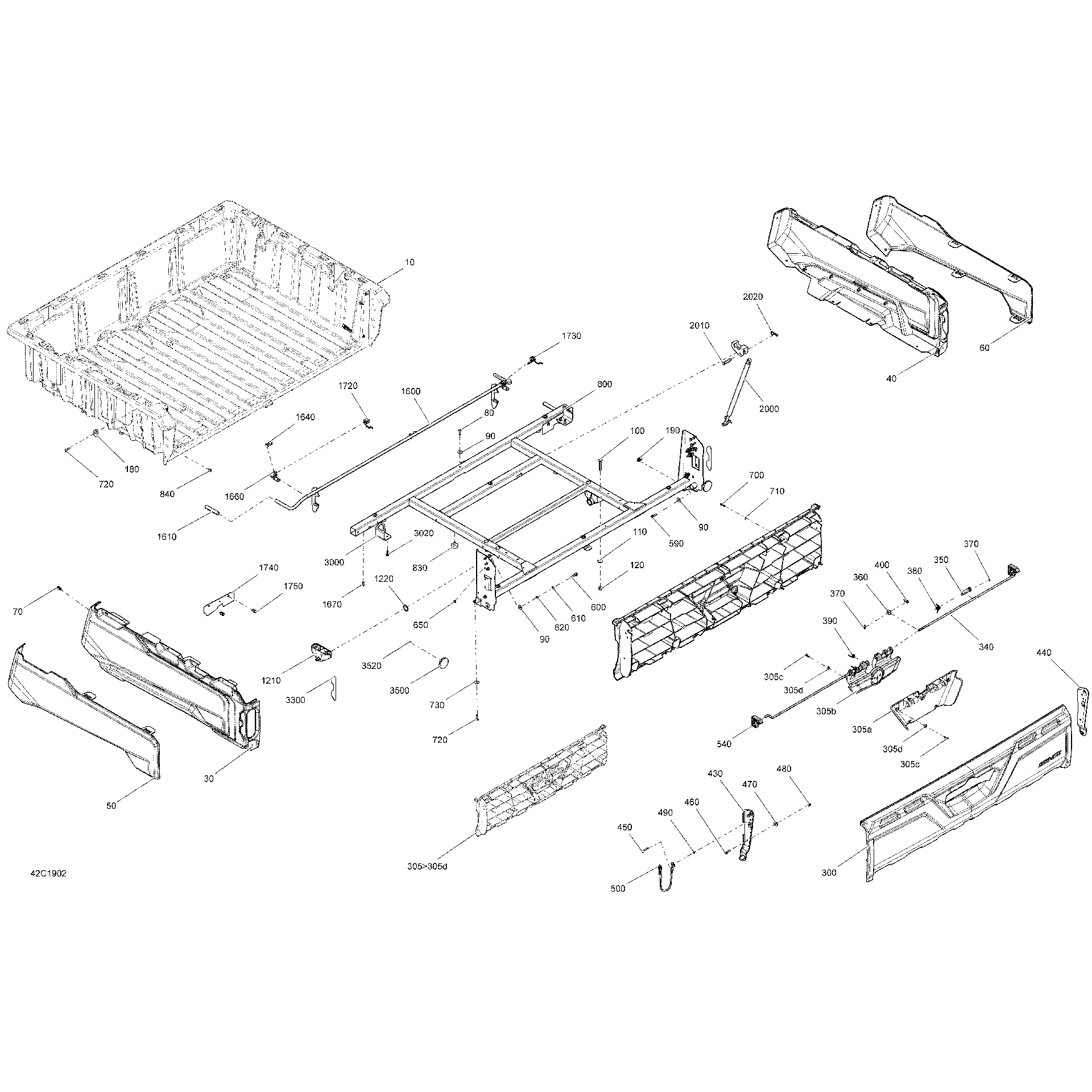 An Image of a Genuine Can-Am Parts Schematic Diagram showing the schematic - REAR CARGO BOX - EXCEPT HUNTING EDITION