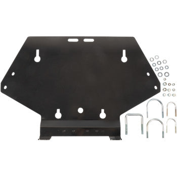 The UTV Click N' Go 2 Plow Mount Bracket by Kimpex, made of black metal with multiple holes, comes with U-bolts, washers, and nuts, all neatly displayed on a white background.
