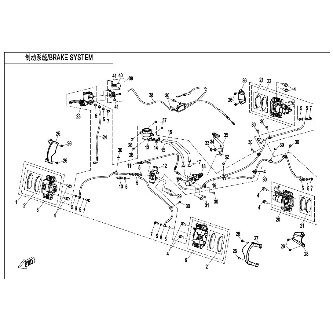 An Image of a genuine CFMOTO Parts Schematic Diagram showing the group - BRAKE SYSTEM (RH PARKING) - 2020 CFMOTO CFORCE 600 Touring