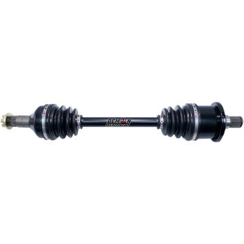 The Arctic Cat Axle Complete Heavy Duty Rear Left & Right by Demon features a black drive shaft with rubber boots on both ends and metallic connectors, designed for portal gear lifts, displayed against a white background.