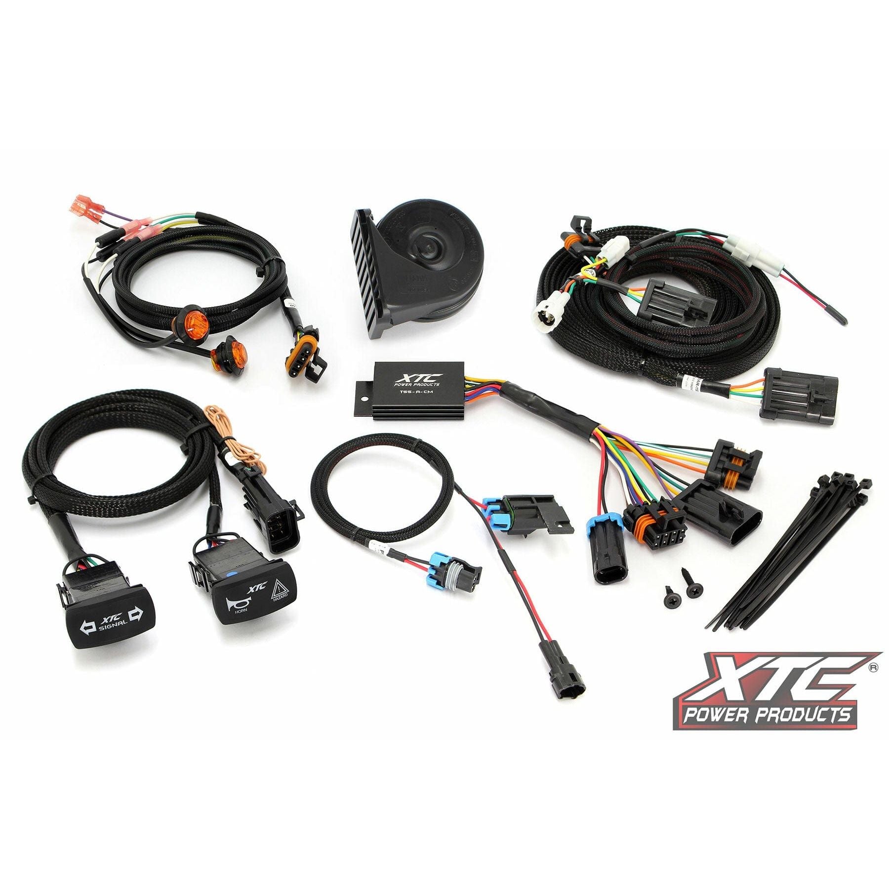 The Self Canceling Turn Signal Kit Yam by XTC Power is a complete plug-and-play wiring kit with switches, wires, connectors, fuse box, horn, zip ties, and mounting hardware displayed on a white background with the XTC Power Products logo.