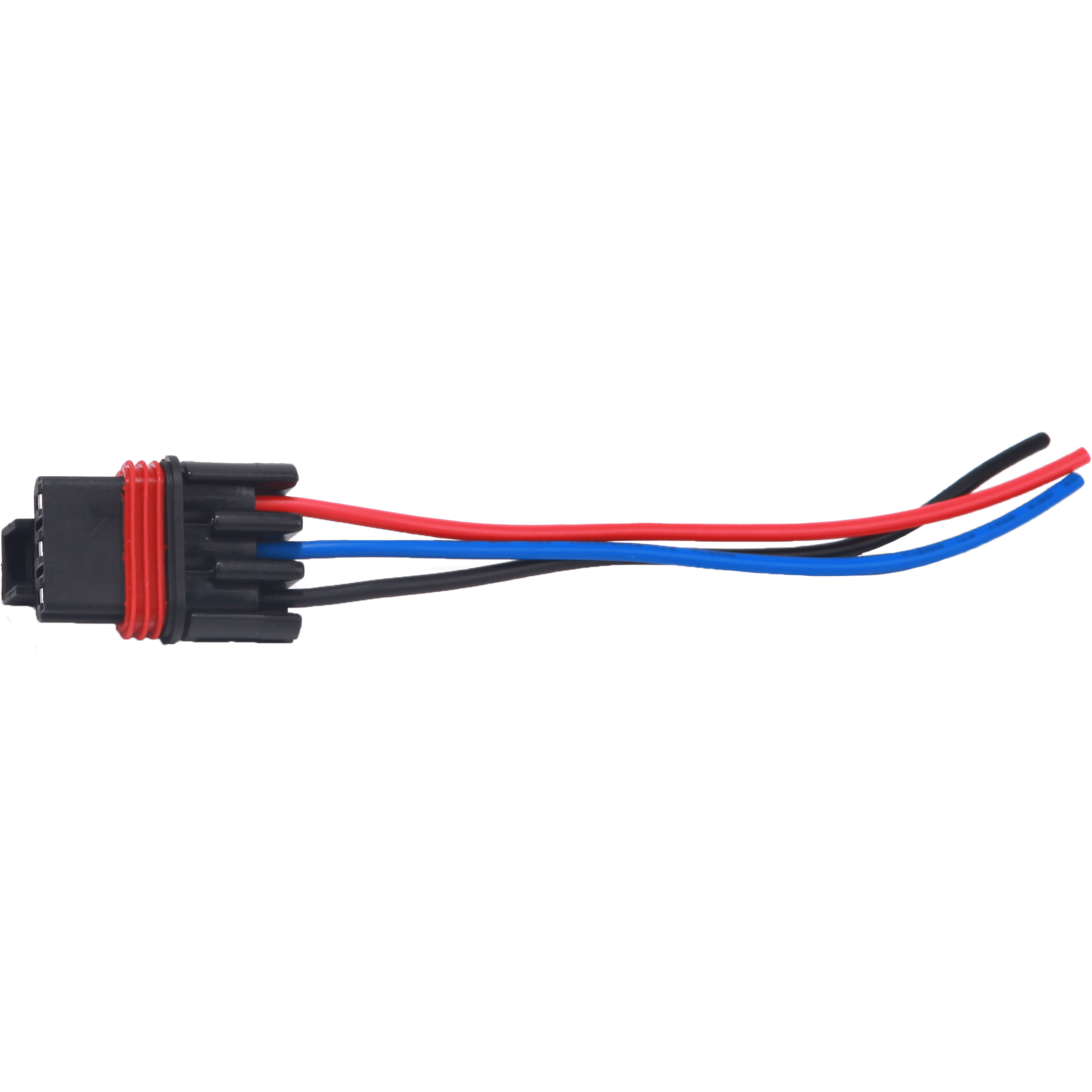 A Bus Bar Pigtail Harness by Open Trail, featuring a black weatherproof plug connector with four wires—two red, one blue, and one black 14-gauge wire—extends from it against a white background.