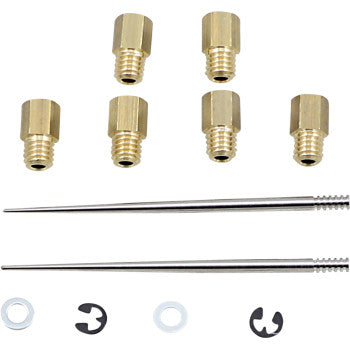 Six brass fittings, two threaded rods, two washers, and three fasteners from the Yamaha Jet Kit Stage 3 by Dynojet are neatly arranged on a white background—perfect for fully adjustable Stage 3 setups.