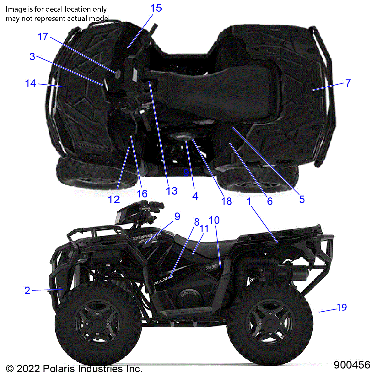 An Image of a Genuine Polaris Parts Schematic Diagram showing the schematic - BODY: DECALS - 2022 POLARIS SPORTSMAN 570 EPS EBS ULTIMATE TRAIL 49S