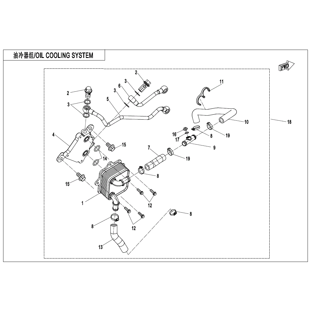 An Image of a Genuine CFMOTO Parts Schematic Diagram showing the schematic - OIL COOLING SYSTEM - 2024 CFMOTO UFORCE 1000
