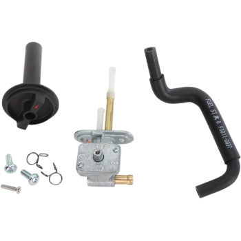The Yamaha Petcock Fuel Kit by All Balls includes a black rubber fuel line, metal valve with ON/OFF positions, black plastic cap, screws, and metal clips on a white background. Perfect OE replacement.