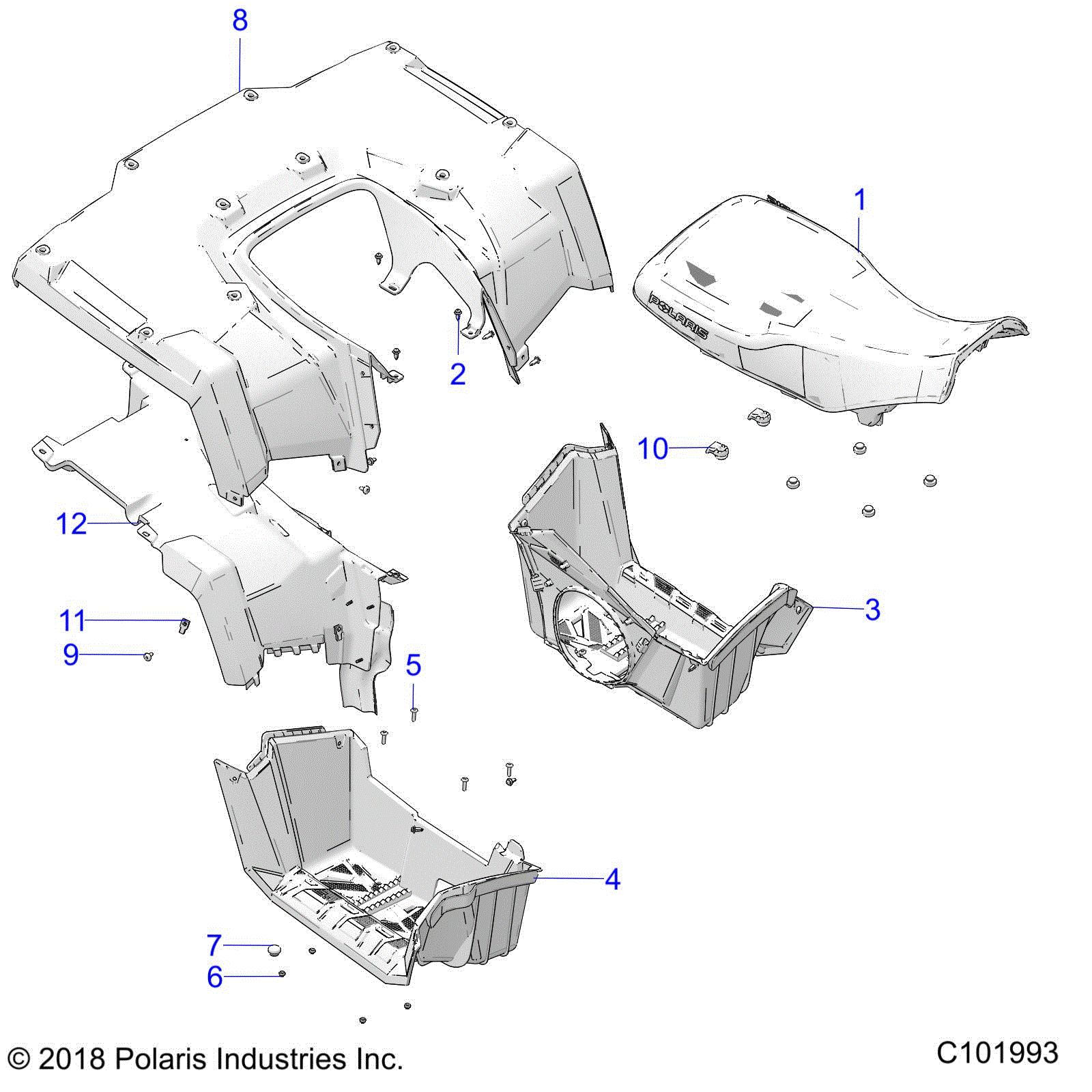 An Image of a Genuine Polaris Parts Schematic Diagram showing the schematic - BODY: REAR CAB SEAT and FOOTWELLS - 2020 POLARIS SPORTSMAN 570 UTILITY