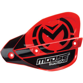 Refresh your Probend handguards with KTM Enduro Handshields Replacement Red by Moose Offroad—durable red and black plastic shields featuring the Moose Racing logo, bold M graphic, mounting holes, and a glossy finish.
