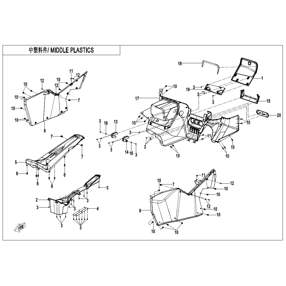 An Image of a Genuine CFMOTO Parts Schematic Diagram showing the schematic - MIDDLE PLASTICS(2) - 2022 CFMOTO ZFORCE 950 HO EX