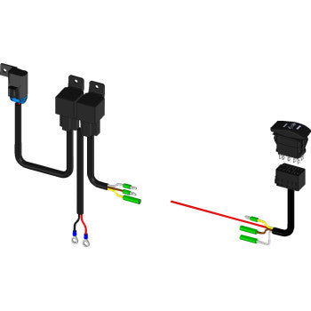 Digital illustration of the Wire Harness Hydraulic Actuator by Kfi Products, featuring connectors, colored wires (red, blue, yellow, green, black), terminals, and mounting brackets for electrical installation.