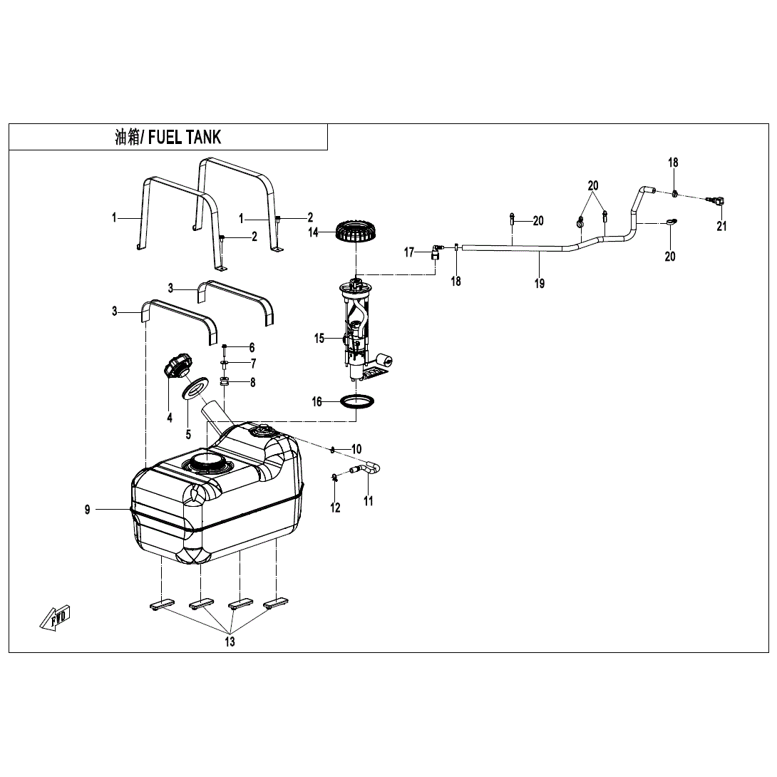 An Image of a Genuine CFMOTO Parts Schematic Diagram showing the schematic - FUEL TANK - 2024 CFMOTO UFORCE 600