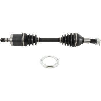 The Can Am Axle Kit Complete 8 Ball Extreme Duty Front Left for Can Am Outlander and Renegade by All Balls features a durable chromoly shaft with rubber boots on both ends and a metal ring, shown on a white background.