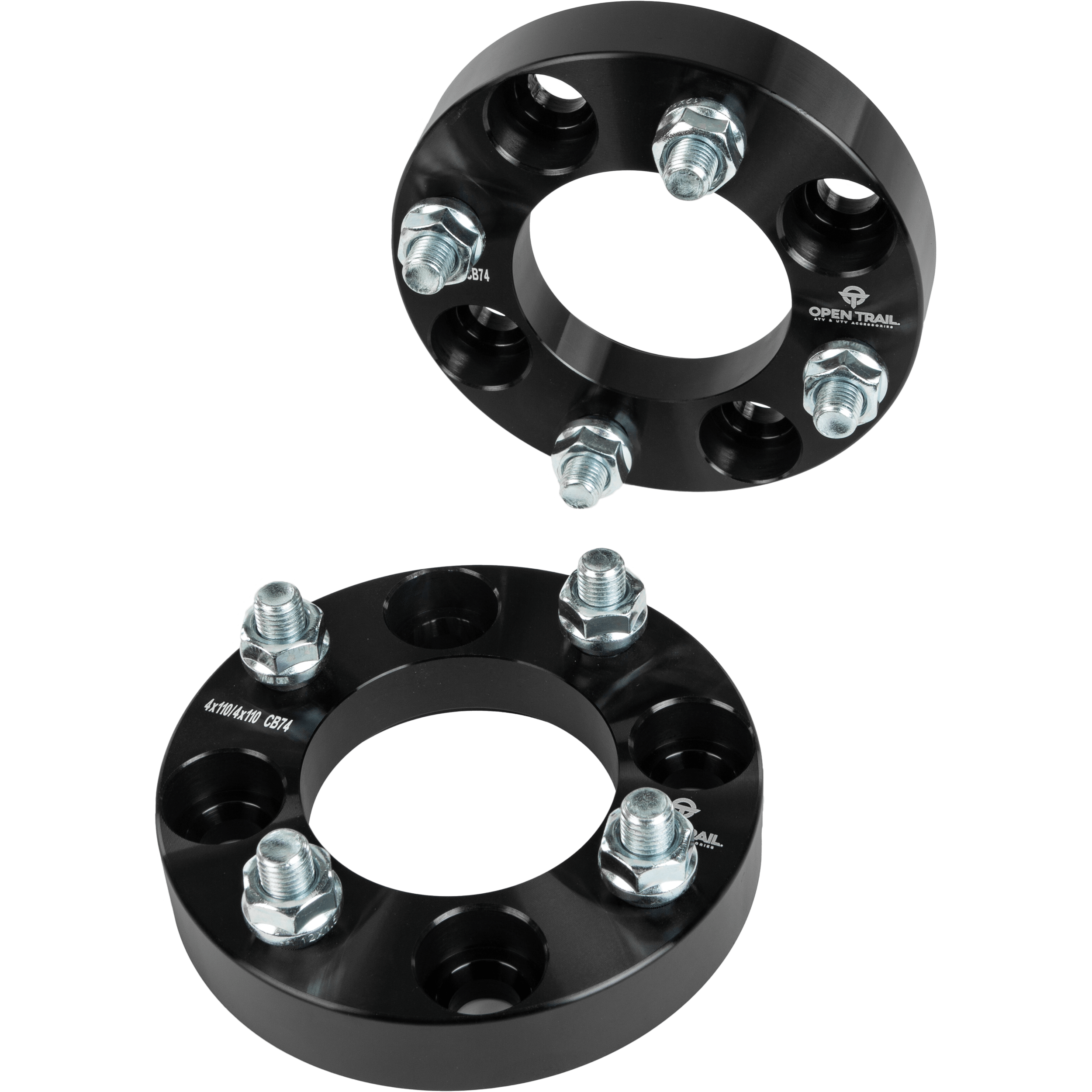 Two black Wheel Spacer 1 4/110 Stud: 12Mm X 1.5Mm by Open Trail, each with six silver bolts, are angled on a white background. Their round design with a large center hole and edge bolt holes boosts traction and stability.