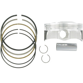 Silver aluminum piston with wrist pin and multiple piston rings arranged in circular patterns, designed for Yamaha engine.