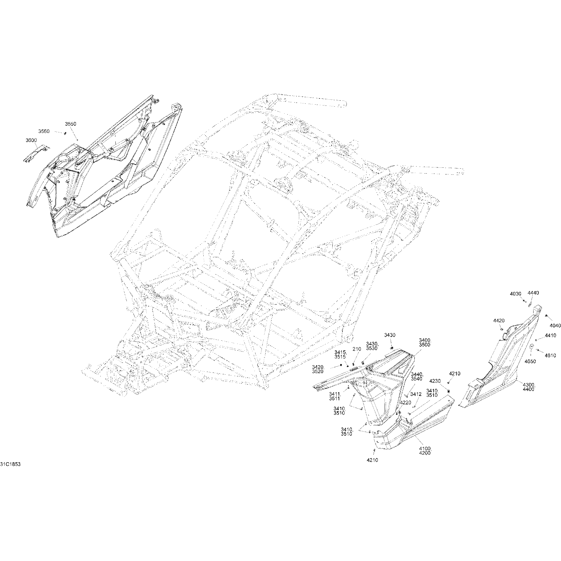 An Image of a Genuine Can-Am Parts Schematic Diagram showing the schematic - BODY SIDE PART MAVERICK X3 SUNBURST YELLOW MODELS - PACKAGE X MR