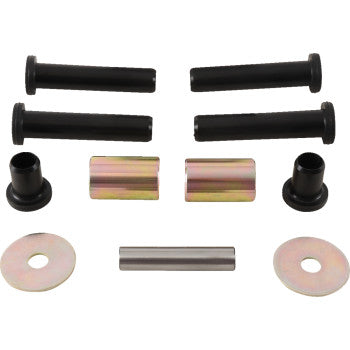 The Rear Knuckle Suspension Kit by Moose Offroad includes four black rubber bushings, two gold spacers, one silver rod, two washers, and two black sleeves—perfect for rear suspension bearings or A-arm repairs.