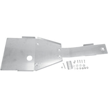 The Yamaha Raptor Skid Plate by Motorsport Products is an angled aluminum plate with a round cutout and engine protection, featuring mounting holes. It includes screws, bolts, nuts, and washers—all neatly arranged on a white background.